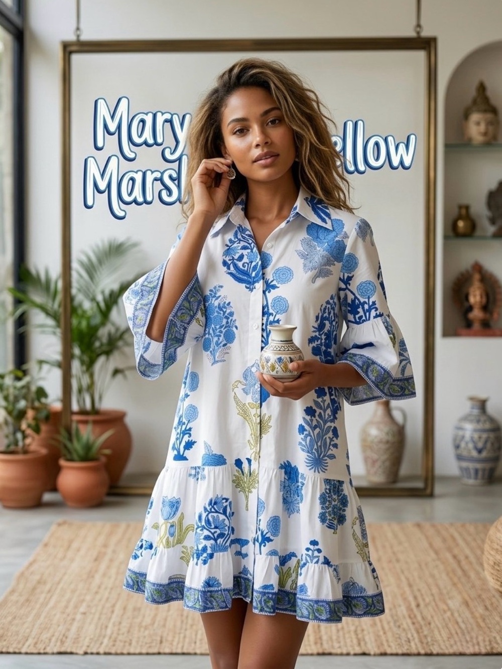 Mary Marshmallow Blue & White Printed Button-Front Dress